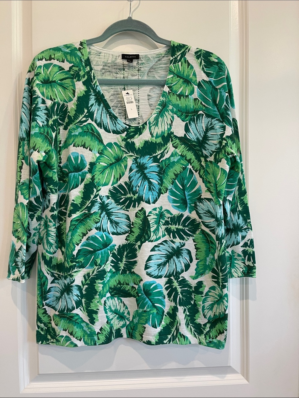 Talbots Green and Teal Tropical Leaf V-Neck Pullover